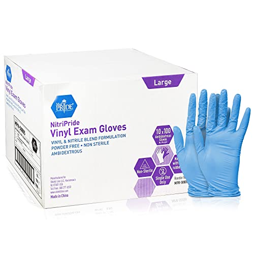 Med PRIDE NitriPride Nitrile-Vinyl Blend Exam Gloves, Large 1000 - Powder Free, Latex Free & Rubber Free - Single Use Non-Sterile Protective Gloves for Medical Use, Cooking, Cleaning & More