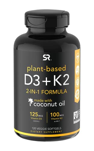 Sports Research Vegan Vitamin D3 + K2 Supplement with Organic Coconut Oil - 5000iu Vitamin D with 100mcg Mk7 Vitamin K - Supports Calcium for Stronger Bones & Immune Health - 120 Softgels for Adults