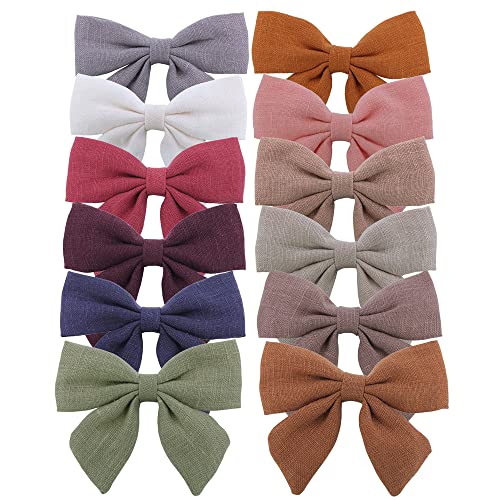 12 PCS Small Linen Bow Hair Clips for Baby Girls Hair Bows Alligator Clips Accessories Infants Toddler Kids Hairgrips (Linen 3.2'' Sailor Bow)