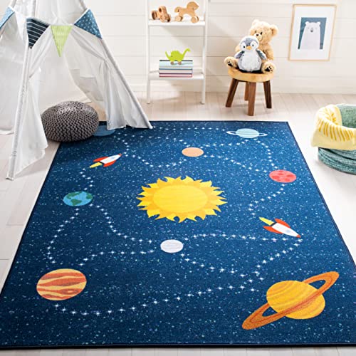 SAFAVIEH Kids Playhouse Collection 6'7" x 9' Navy/Gold KPH253N Outer Space Sun Machine Washable Non-Shedding Playroom Nursery Bedroom Area Rug