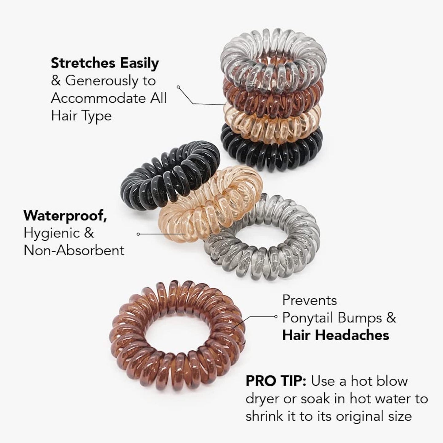 Kitsch Spiral Hair Ties | Holiday Gift Coil Hair Ties | Phone Cord Hair Ties | Ponytail Hair Coils No Crease | Holiday Gift Headband - 8 pcs (Brunette)