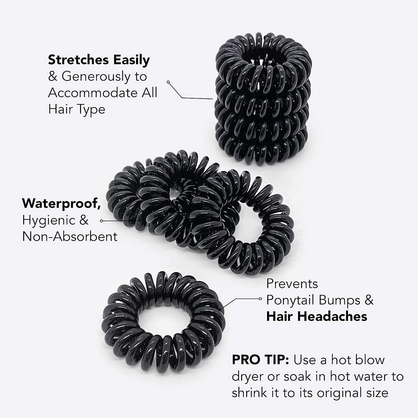 Kitsch Spiral Hair Ties, Coil Hair Ties, Phone Cord Hair Ties, Ponytail Hair Coils No Crease, Headband - 8 pcs (Black)