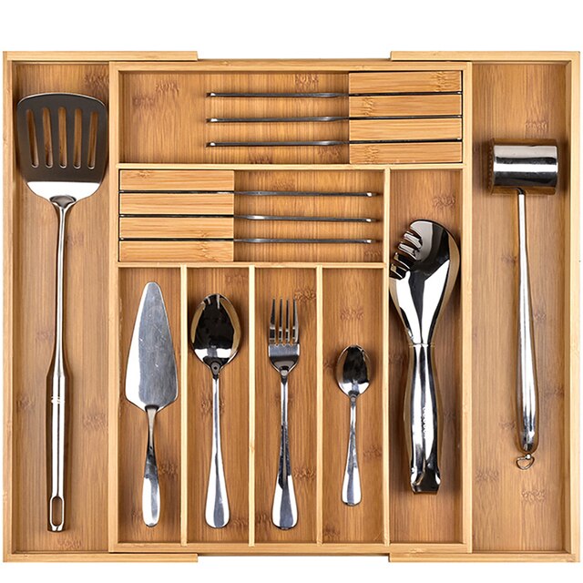 Retractable Knife Box Bamboo Adjustable Divider Format Western Utensils Cutlery Tray Home Kitchen Supplies Storage Box